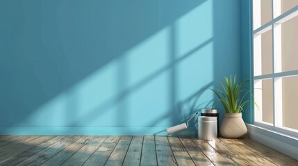 Empty room with blue wall and wooden floor, paint roller, and plant near the window. Home interior design and renovation concept.