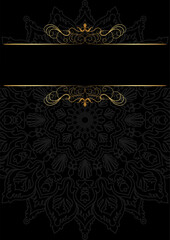 luxurious gold frame No text, mandala texture on black background.