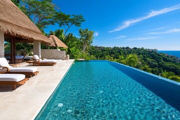Fototapeta premium Honeymoon villa, infinity pool, private luxury gives couples the perfect mix of privacy and indulgence, surrounded by natural beauty
