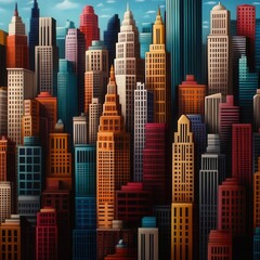 Obraz premium A vibrant city skyline filled with colorful skyscrapers under a clear blue sky, showcasing urban architectural diversity.