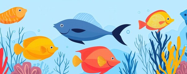 Naklejka premium Coral reef underwater scene, vibrant fish, flat design illustration