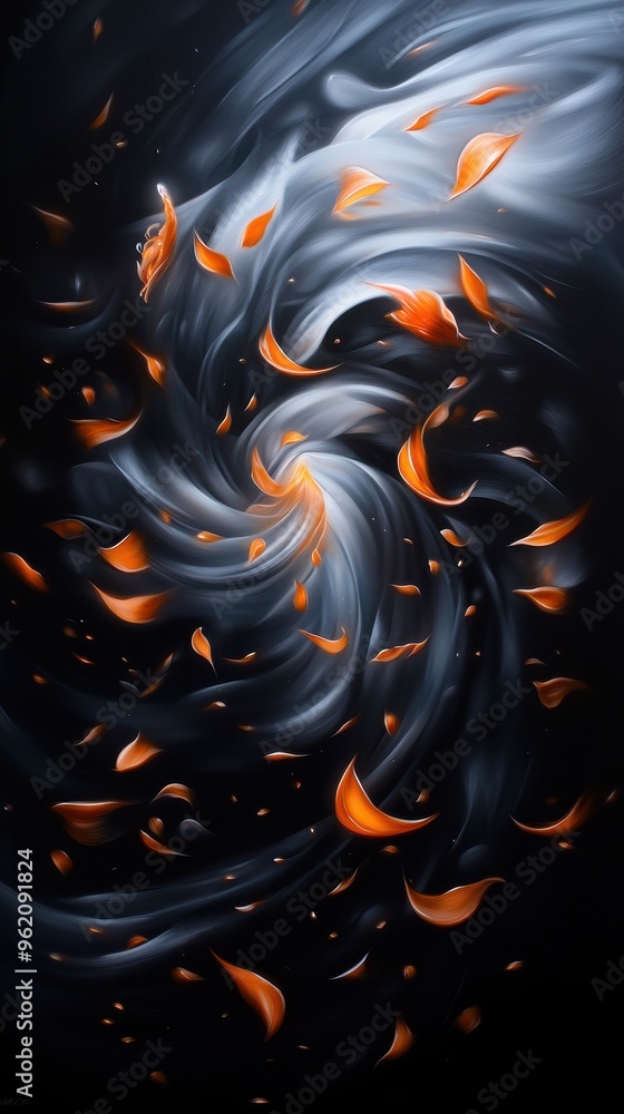 Poster a mesmerizing swirl of dark colors enhanced by vibrant orange petals, creating a dynamic and artisti