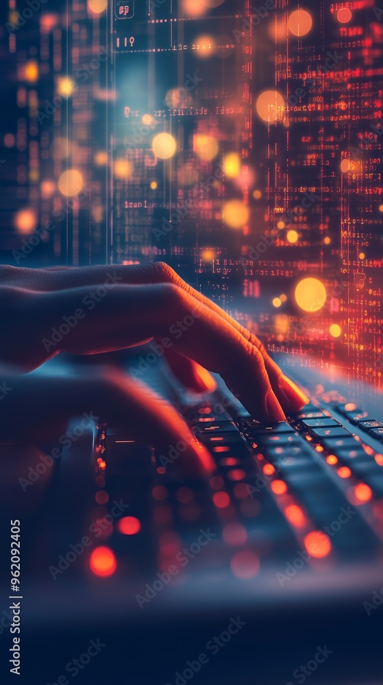 Aufkleber close-up of hands typing on a keyboard with glowing red and orange lights, symbolizing software deve