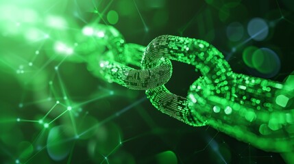 A close-up view of a digital blockchain chain emitting a vibrant green glow, set within a digital environment. The image highlights the strength and security of blockchain technology, represented