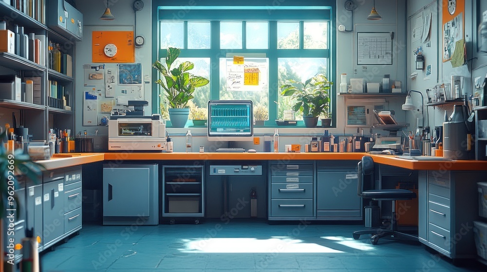 Poster laboratory interior with a view