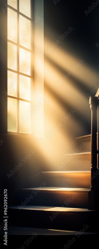 Poster A serene staircase illuminated by soft sunlight filtering through a window, creating a warm and inviting atmosphere.