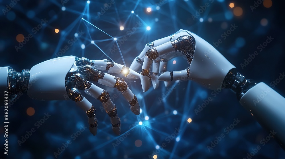 Poster futuristic robotic hands in network connection