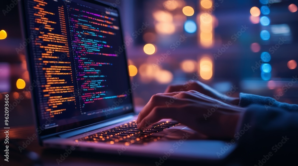 Aufkleber Hands typing code on a laptop with a colorful display in a dimly lit room, symbolizing software development and coding.