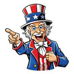 Smiling cartoon Uncle Sam in patriotic outfit pointing forward, ideal for Independence Day and advertising. Uncle Sam cartoon 