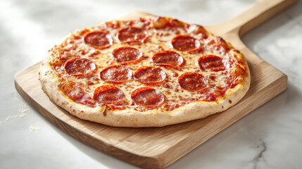 A classic pepperoni pizza with a perfectly crisp crust, served on a wooden paddle