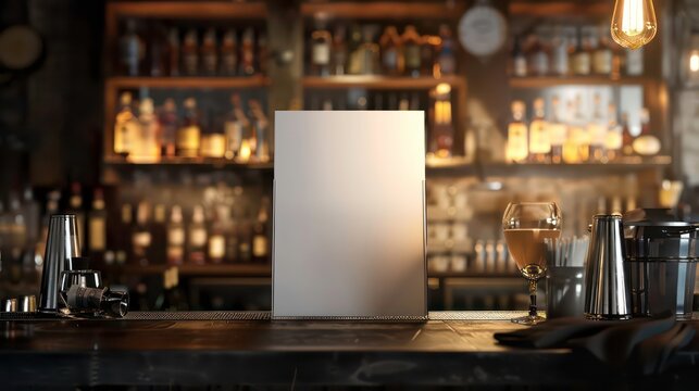 Blank sign on a bar counter with a glass of wine and bar tools.