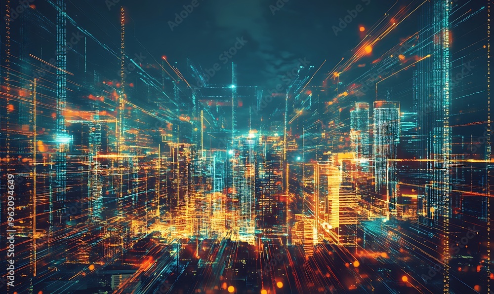 Poster futuristic cityscape with streaks of light and data code