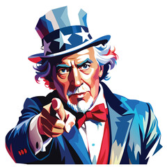 Iconic Uncle Sam pointing illustration, colorful vector art, motivational poster for recruitment. Uncle Sam vector illustration with pointing hand.
