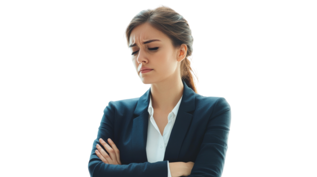 Businesswoman with arms crossed looking down. - Powered by Adobe