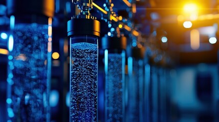 Close-up of laboratory tubes filled with clear liquid, illuminated by cool blue lights, showcasing modern scientific equipment.