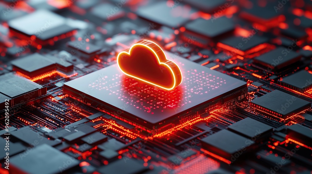 Poster futuristic cloud icon on processor for data storage