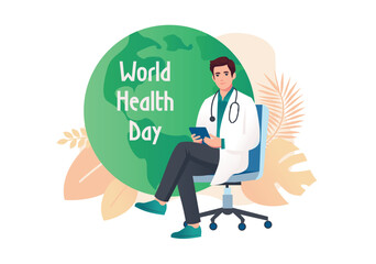 Doctor concept with people scene in the flat cartoon style. A medical worker sitting on a chair with a stethoscope and a tablet in his hand and celebrating World Health Day. Vector illustration.