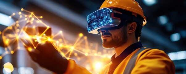 Innovative worker using virtual reality technology for industrial applications, showcasing the future of engineering and design.