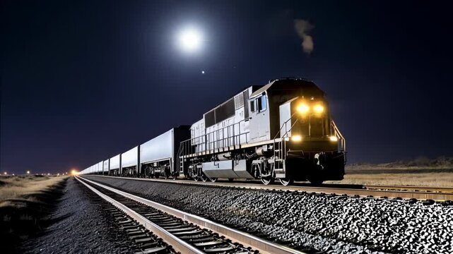Long freight train is moving across the countryside at night, illuminated by its headlights and the light of the moon