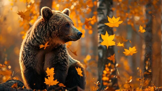 Discover autumn wildlife as a bear navigates through falling leaves in a serene forest setting