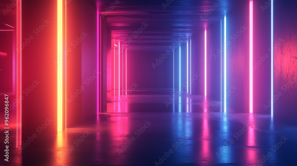 Aufkleber futuristic neon-lit hallway with glowing red and blue lights, evoking a cyberpunk atmosphere. perfec