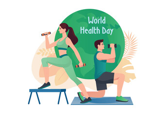 People do exercises concept with people scene in the flat cartoon style. World Health Day illustration of a man and woman doing fitness exercises with dumbbells. Vector illustration.
