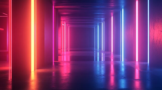 Futuristic neon-lit hallway with glowing red and blue lights, evoking a cyberpunk atmosphere. Perfect for tech and coding themes.