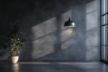 Minimalist interior with pendant light and plant.