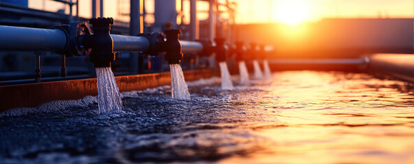 A beautiful sunset over a water treatment facility showcasing flowing water from pipes, reflecting vibrant colors.