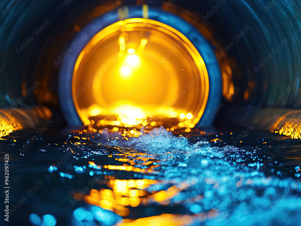 Poster a captivating view of flowing water inside a tunnel, illuminated by warm lights, creating a mesmeriz