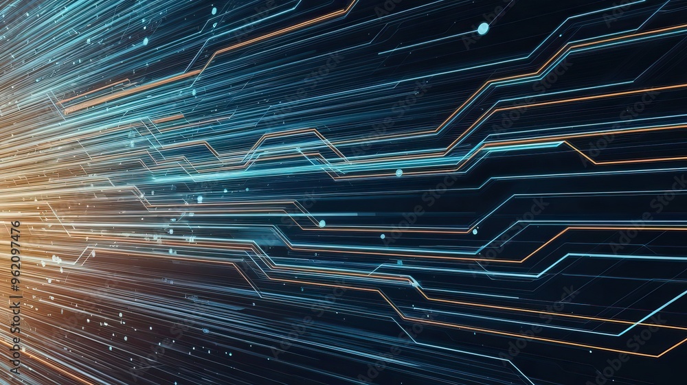 Poster abstract representation of vibrant light trails and digital circuits in a dynamic flow of blue and o
