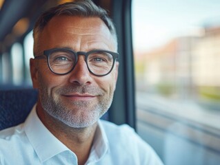 Fototapeta premium Smiling Man Awaiting His Train Journey
