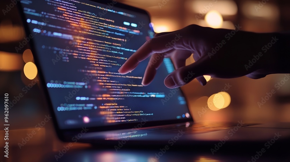 Poster Close-up of coding on a laptop screen with hand interaction. Software development, IT, and coding concept.
