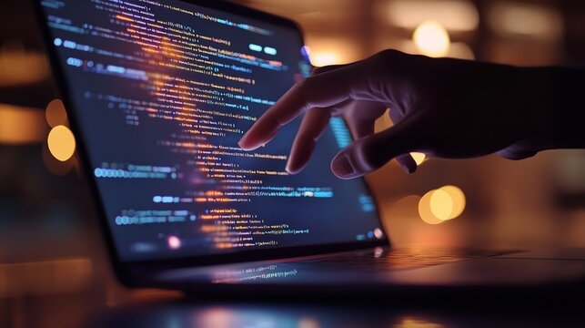 Close-up of coding on a laptop screen with hand interaction. Software development, IT, and coding concept.
