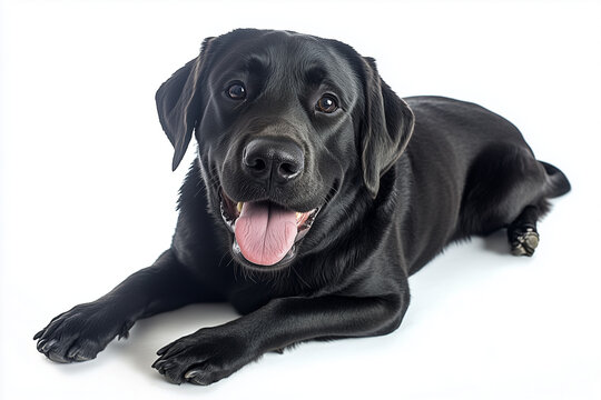 Portrait of black dog isolated on white background, Black labador with stick his tongue out posture, Smile black dog.