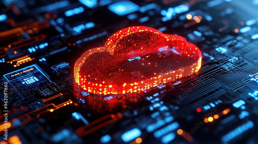 Poster red digital cloud on circuit board for cloud computing