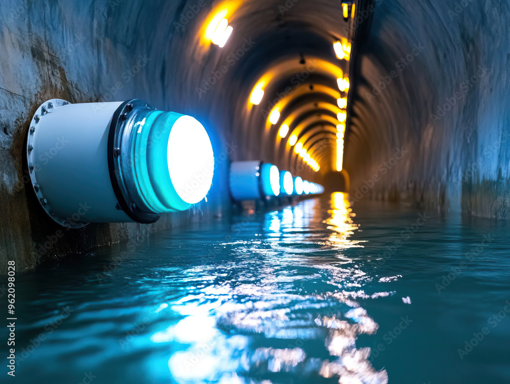 Aufkleber a serene view inside a tunnel showcasing illuminated water and blue lights reflecting on the surface