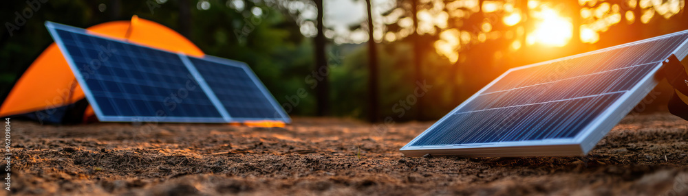 Wall mural a solar panel setup near a camping tent at sunset, showcasing renewable energy and outdoor adventure