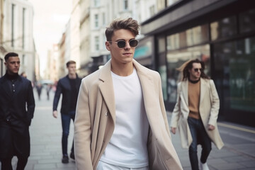 Obraz premium Group of young adults walking along a city street in casual clothing. Urban setting with a blurred background. Concept of modern lifestyle.
