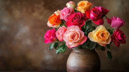 A close-up of vibrant mixed roses arranged in a rustic ceramic vase, evoking a sense of comfort and charm.