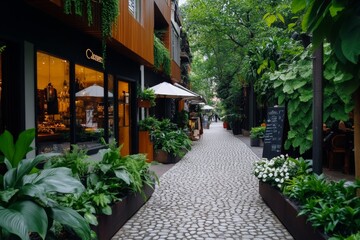 Fototapeta premium Beautiful cozy street, narrow alleyways, hidden gems offers a sense of discovery with charming cafes and boutique shops tucked away