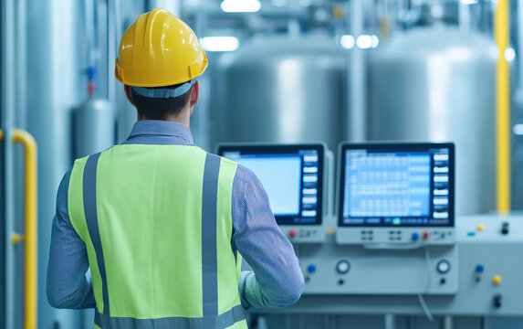 A worker in a safety vest and helmet monitors industrial machinery data on digital screens in a manufacturing facility.