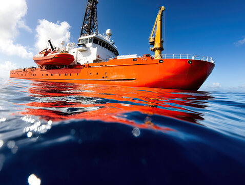 Bright orange ship anchored in clear blue ocean waters under a sunny sky, showcasing maritime exploration and technology.