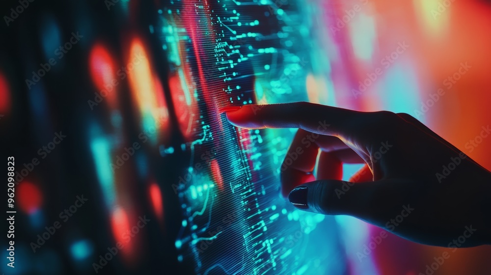 Aufkleber Fingers interacting with a bright screen displaying digital data and circuits. Concept of advanced programming and technology.