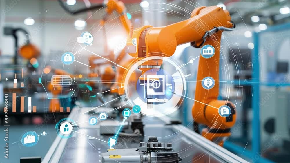 Poster industrial robot arm working with control panel and digital interface icons, using artificial intell