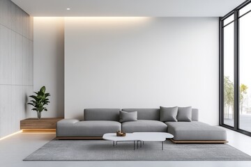 Contemporary Loft Living Room with Gray Sectional, White Coffee Table, and Textured Rug