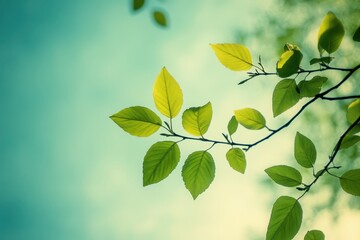 Green Leaves on a Branch Against a Soft Blue Sky