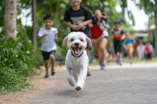 Children and pet, morning exercise, running through the park start their day with an energetic run, enjoying the fresh air and open space