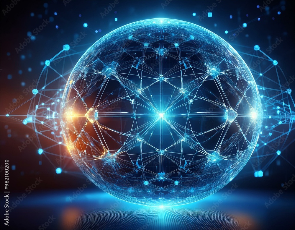 Wall mural a glowing blue sphere with intricate network lines, representing digital connection and global commu