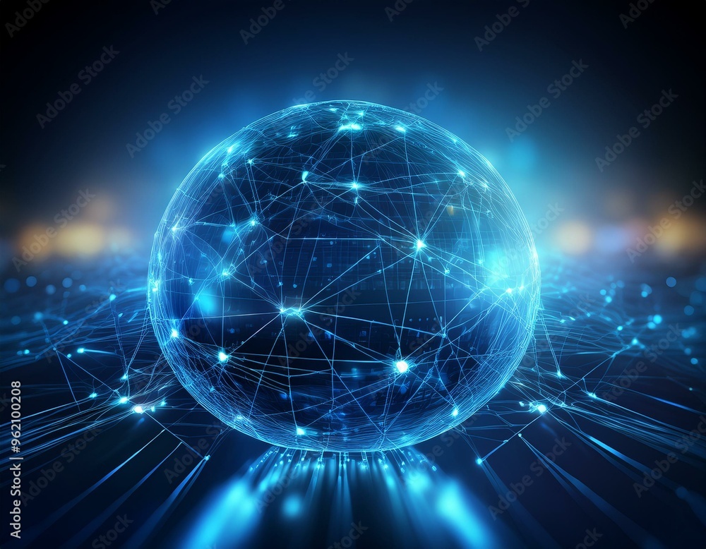 Sticker a glowing blue sphere with intricate network lines, representing digital connection and global commu